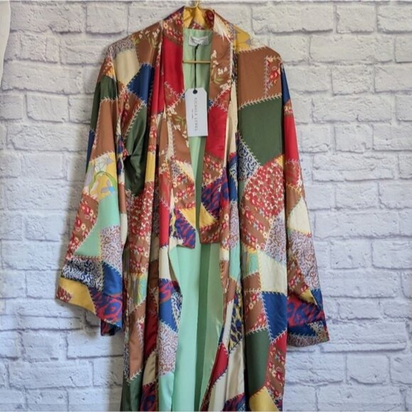 Nichole Lynel Silky Patchwork Print Kimono Cardigan Jacket NEW Multicolored Boho - Picture 2 of 6